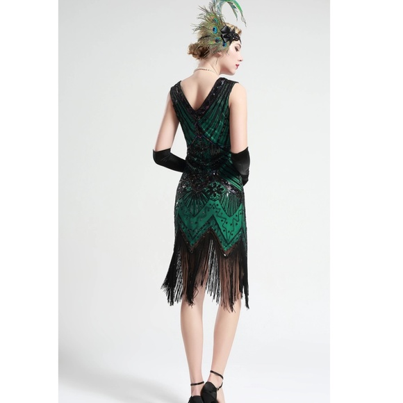 Black and Green glass beaded Fringe Flapper Dress - Picture 4 of 8